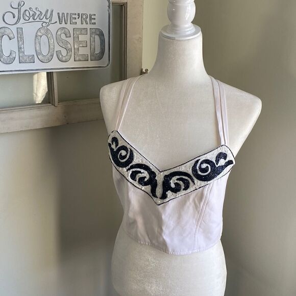 𝅺THANA Made in Italy Vintage Hand Beaded and Sequin with Side Zip Crop Top - Picture 1 of 8